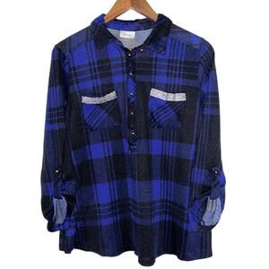 Avenue Plaid Roll Tab Sleeve  Blue & Black 14/16 Top